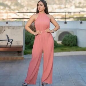 NWOT ZARA Dusty Rose Pink Pleated Halter Neck Wide Leg Jumpsuit